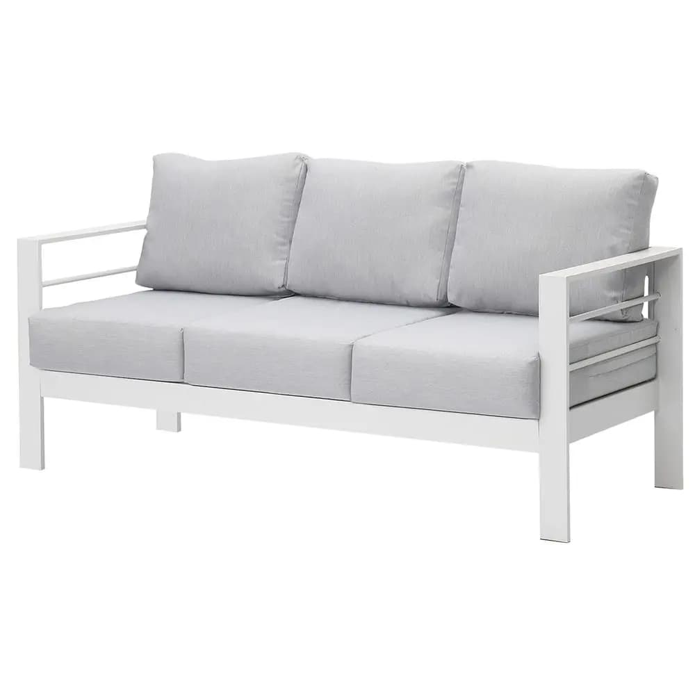 Divano da esterno in alluminio per patio, divano a 3 posti per tutte le stagioni, sedia in metallo bianco con cuscini grigio chiaro