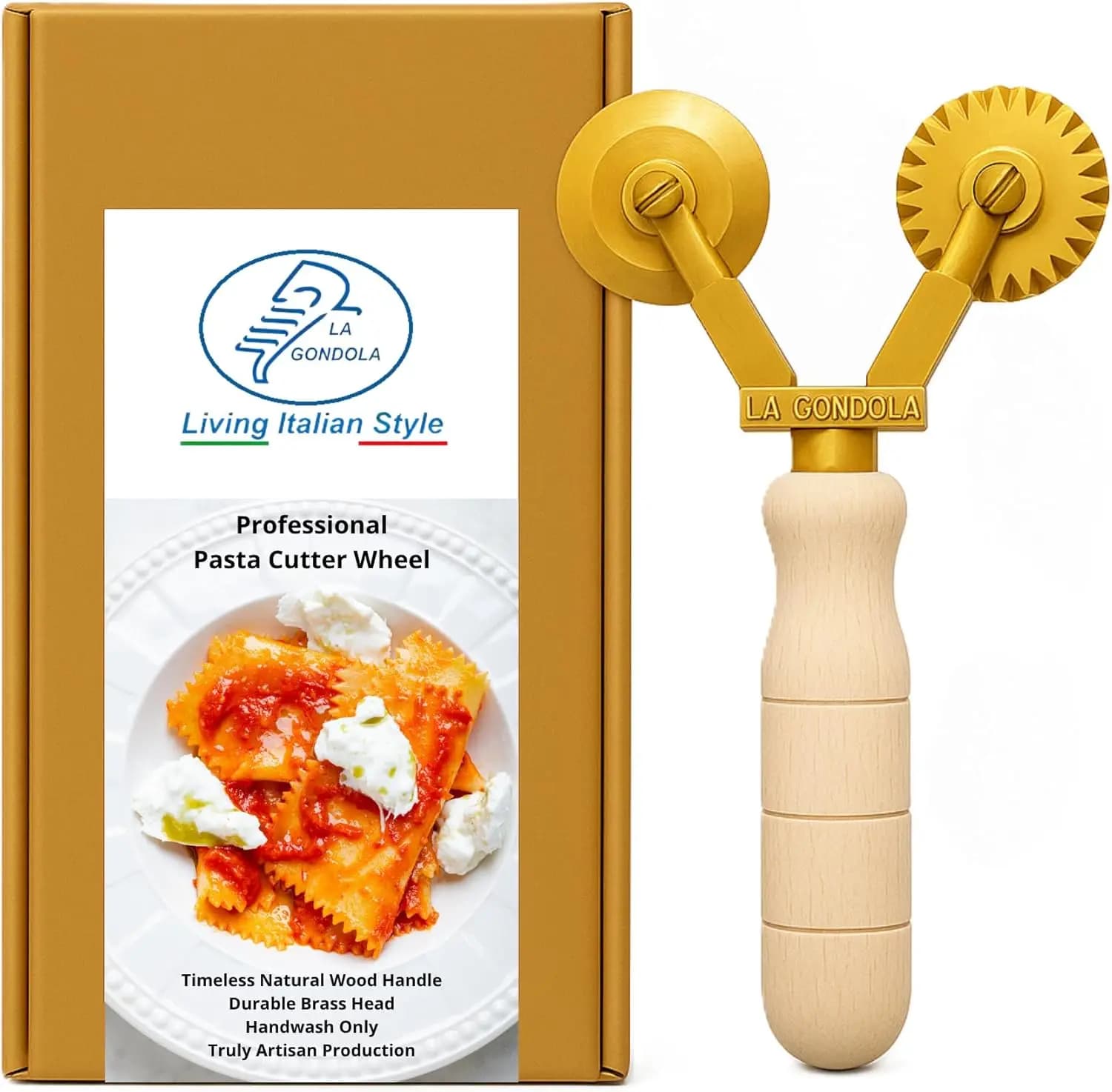 Tagliapasta a Doppia Ruota con Lame Ondulate e Lisce | Utensile in ottone e legno per ravioli fatti in casa | Facile da Usare, Prodotto in Italia