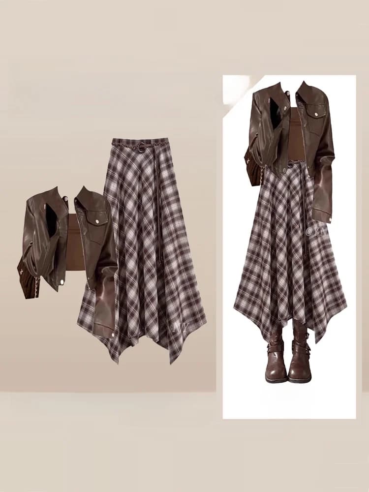 Caramel Short PU Leather Jacket Motorcycle Style Autumn Winter Fashion Set with Skirt High Waist Vintage Look Three Piec...