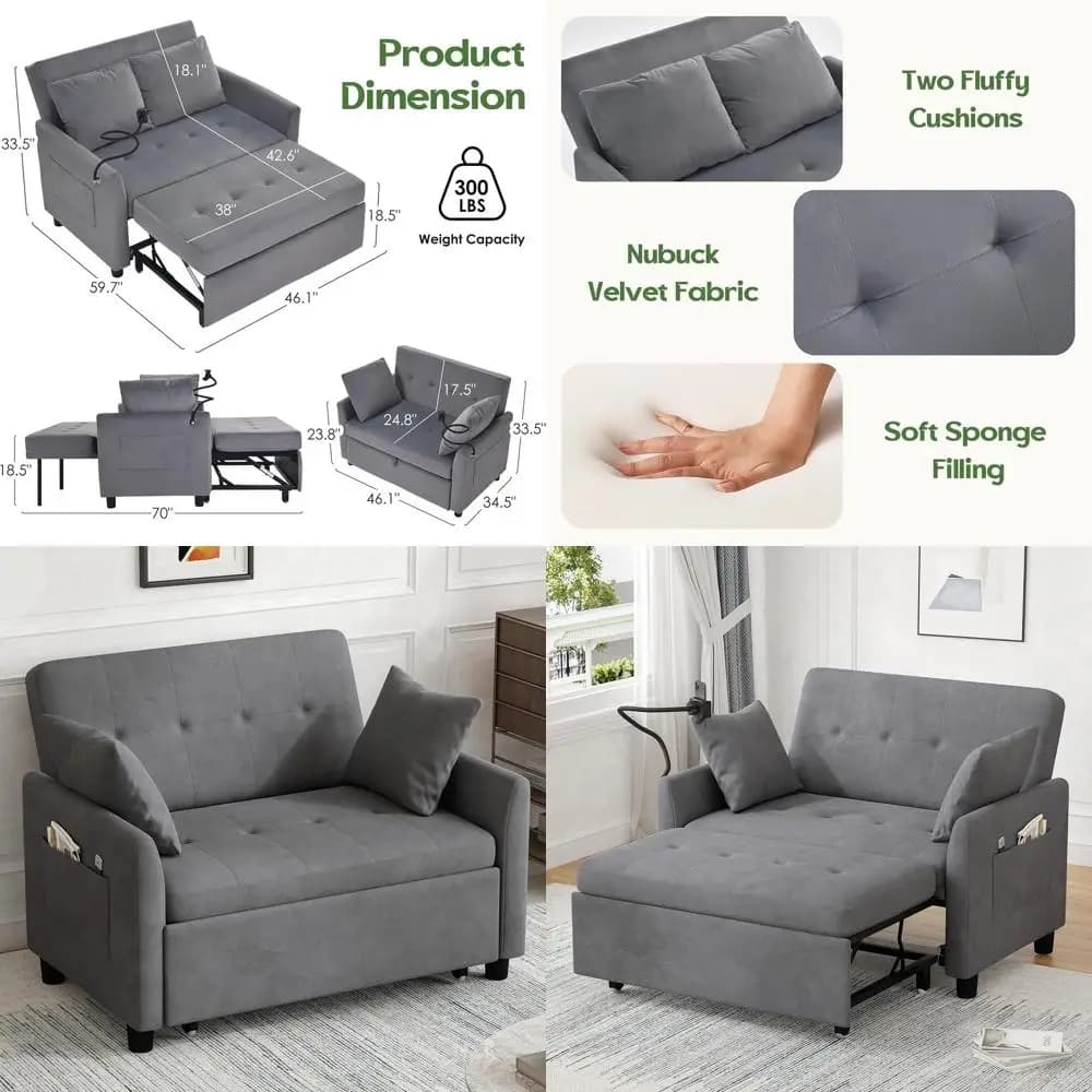 Convertible 3-in-1 Velvet Sleeper Sofa with Pillow and Adjustable Backrest for Living Room, Grey