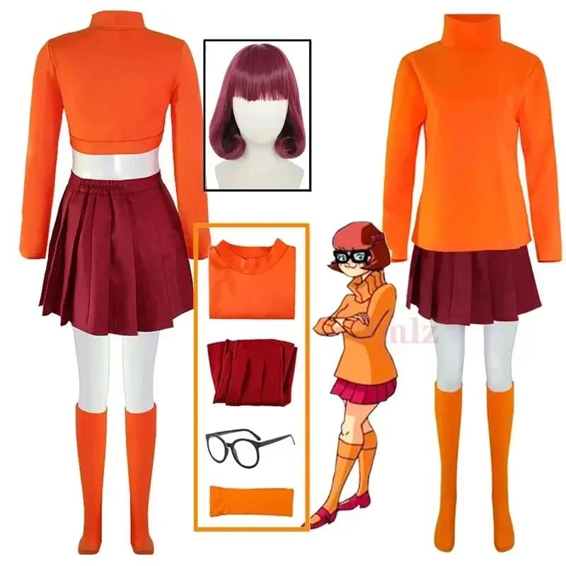 ABC123Velma Cosplay Uniform Anime Woman Orange Top Skirt Socks Halloween Costume Set Girls Velma Wigb;6'j,k.9;a