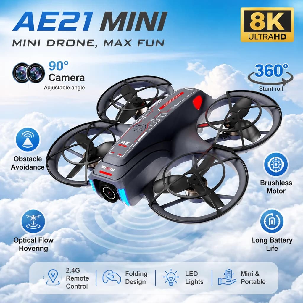 Drone Aereo AE21 Aggiornato con Doppia Fotocamera 8K HD, WIFI 5G, GPS, Motori Brushless, Evitamento Ostacoli a Flusso Ottico, Elicottero RC Pieghevole