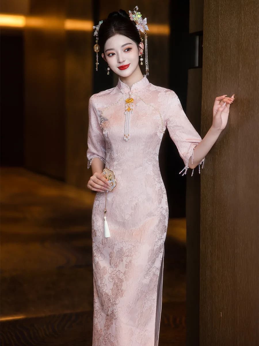 Pink Short Sleeve Wedding Dress Chinese Style New Bride Gown mid Sleeve Formal Ceremony Qipao Customizable Engagement Suit Skirt