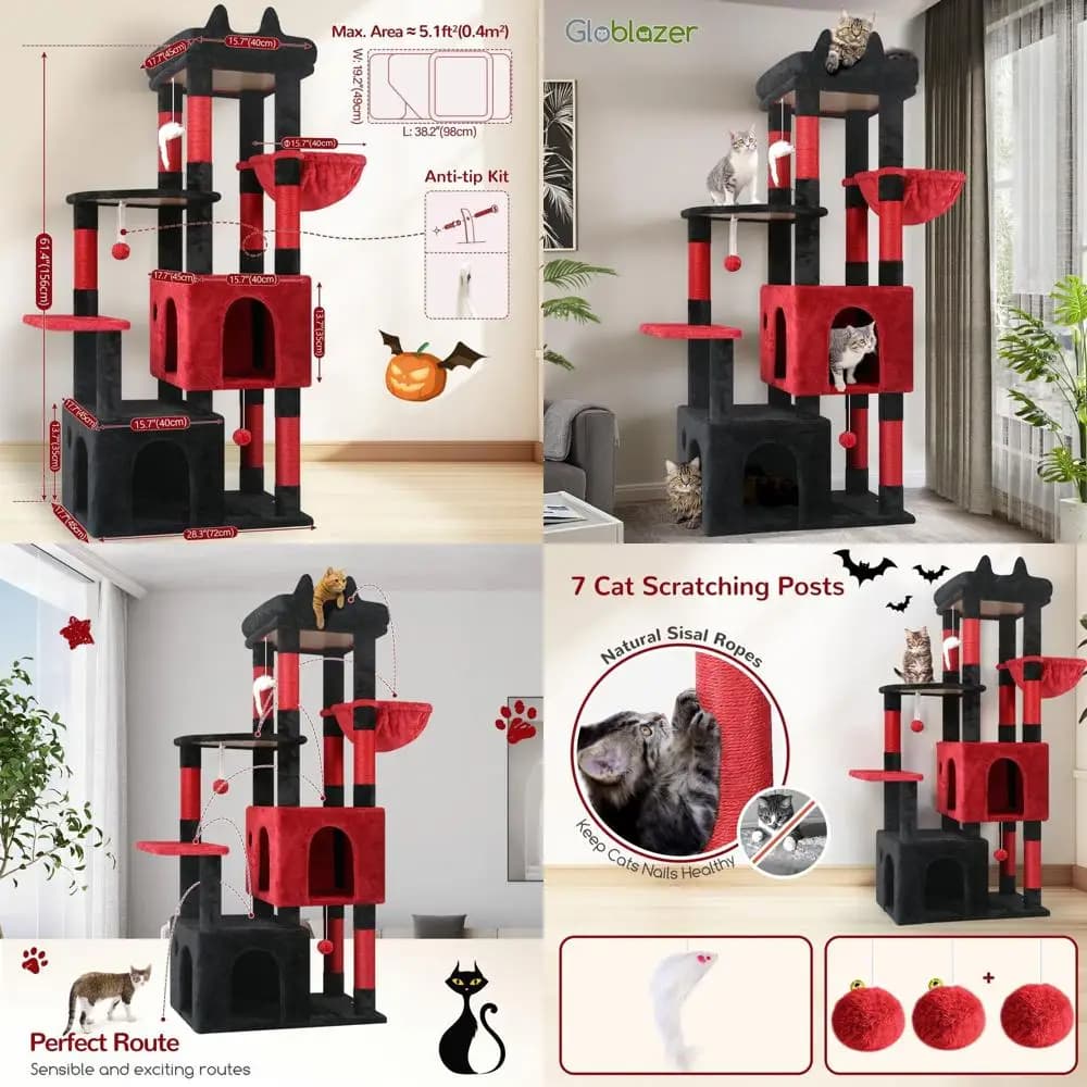 Robusta torre per gatti in stile gotico per gatti di grandi dimensioni da interni, albero di 61 dimensioni Maine Coon con pesce persico alto e graffio, F61 Blood-Goth