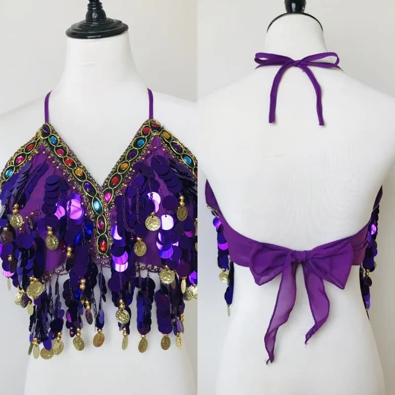 Top Corto Sexy con Paillettes e Diamanti Colorati, Halter, con Nappe, Stile Bandage, Scollo a V, Schiena Scoperta, per Danza del Ventre, Feste, Club e Spiaggia