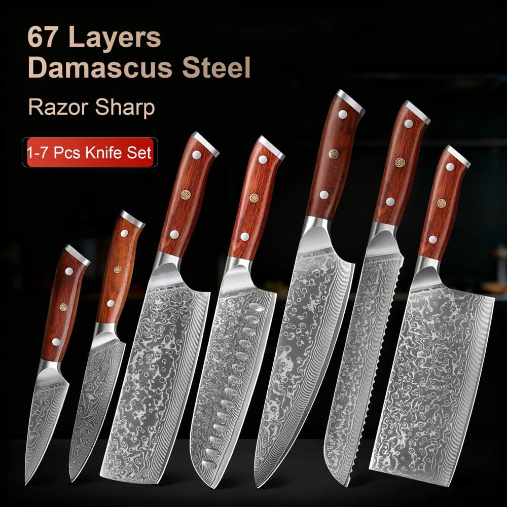 Set di 7 Coltelli da Chef, Set di Coltelli da Cucina in Acciaio Damascato a 67 Strati, Manico in Legno di Palissandro, Sharpness 60HRC, Confezione Regalo, Utensili da Cucina