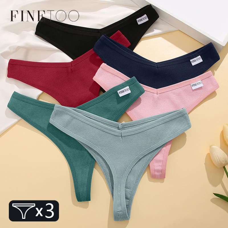 FINETOO Perizoma in cotone da donna 3 pezzi Comodo perizoma waffle Donna Vita bassa T-Back Intimo S-XL Bikini Mutande Lingerie