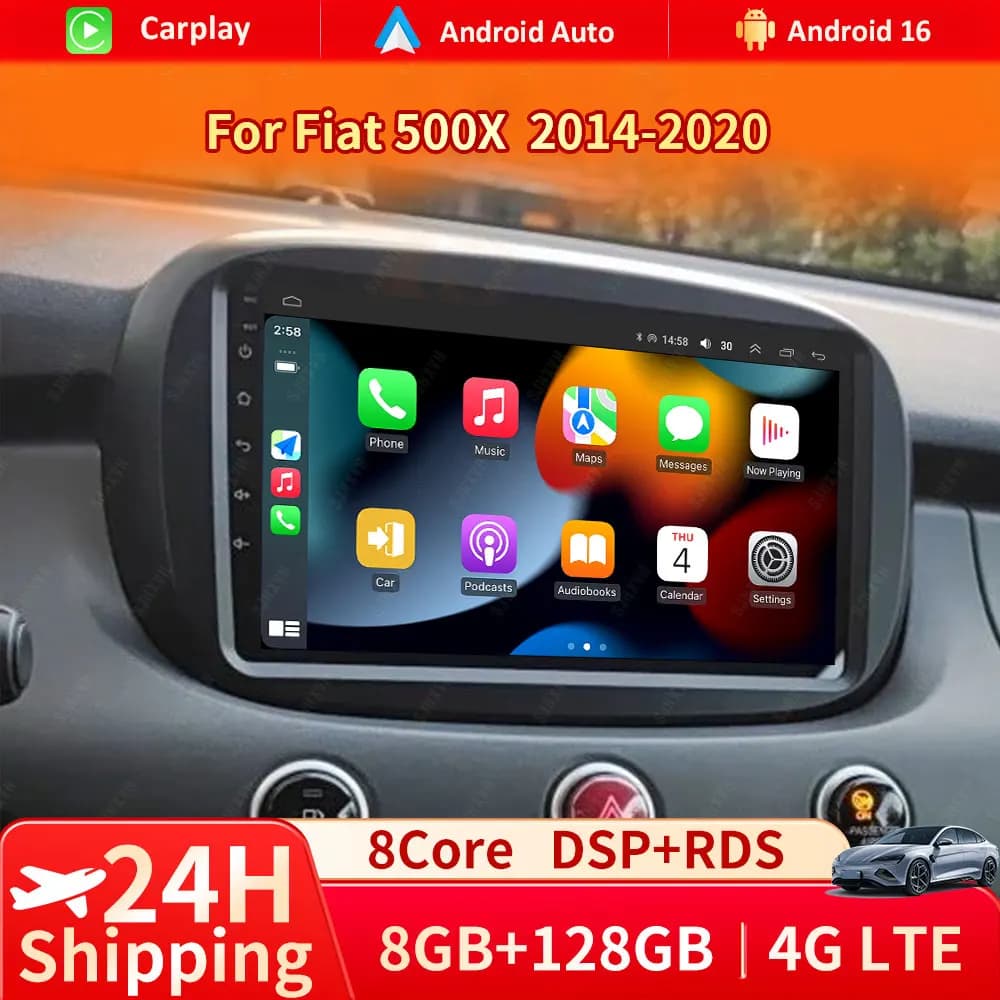 Autoradio Android 16 Per Fiat 500X 2014-2020 Multimediale Stereo Lettore di Navigazione Bluetooth 4G Wireless GPS CarPlay Touch Screen
