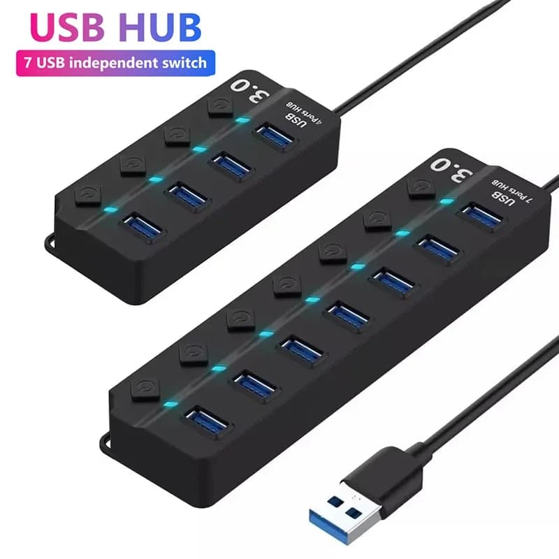 KEBIDUMEI Hub USB 3.0 a 7 porte con interruttore on/off Docking station USB Splitter USB 3.0 Adattatore OTG Trasferimento a 5 Gbps per PC portatile