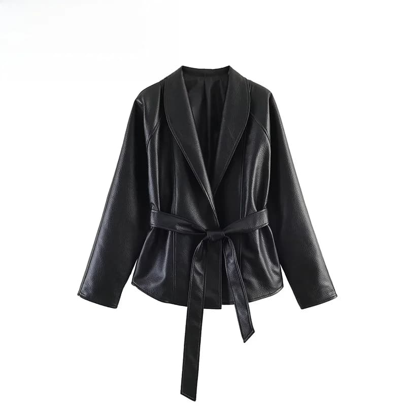 Fashionable Versatile Belted Leather Jacket Coat Women's Short Outerwear Polyester Fabric Waist-Cinching Design Summer New