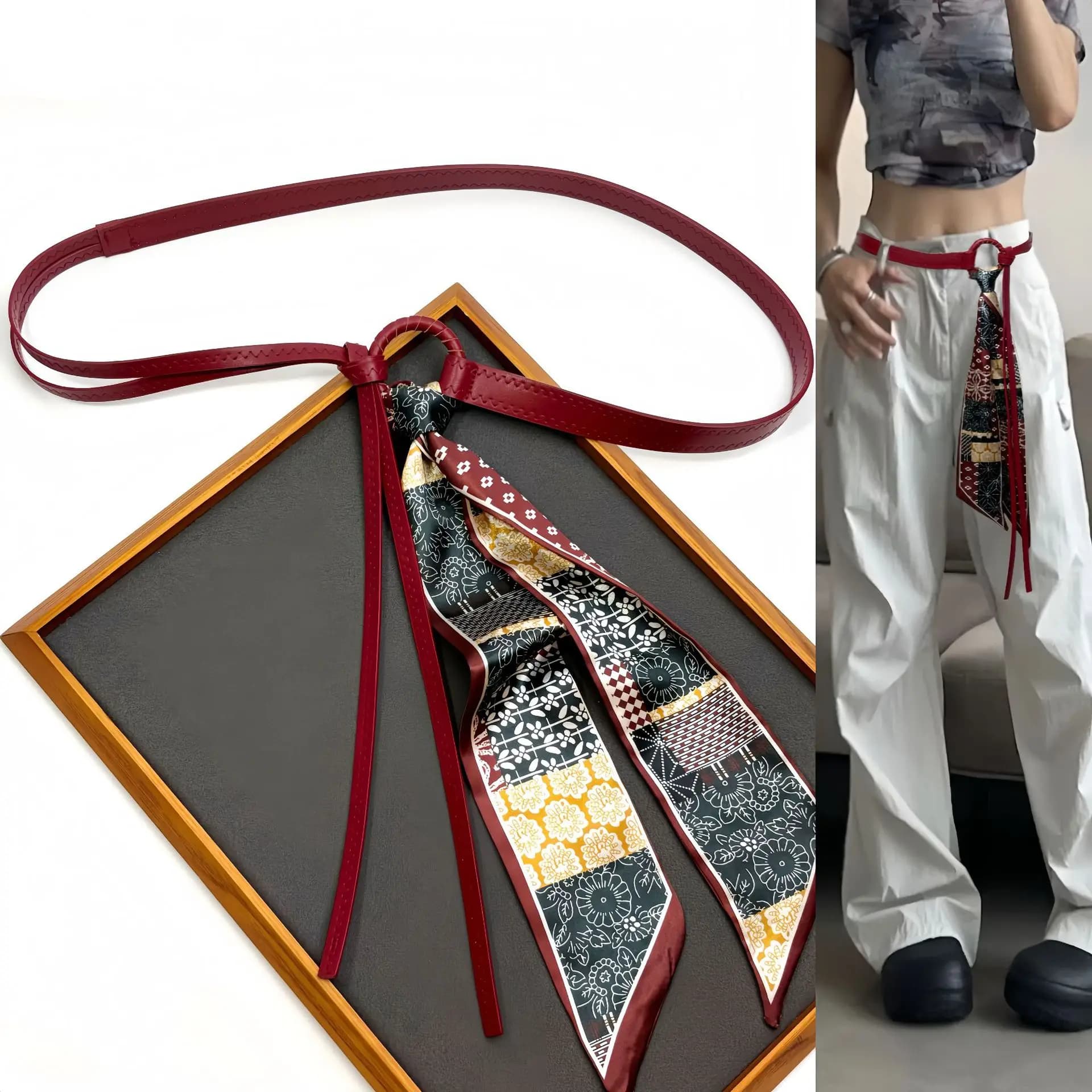 French-style printed silk scarf decorated belt women versatile casual wrap dress denim pants knotted thin leather belt