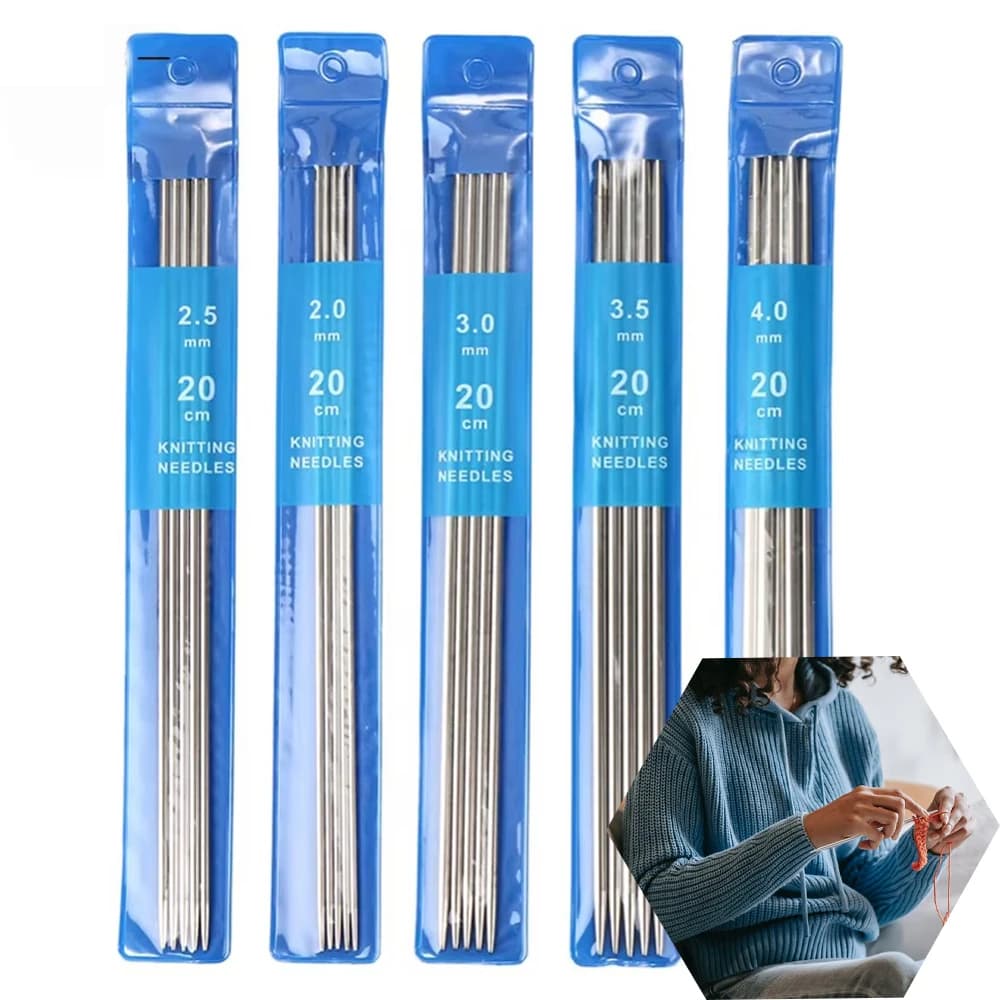 Set di 5 Ferri da Maglia a Doppia Punta 2/4mm, Kit di Uncinetti in Acciaio Inossidabile, Ferri da Maglia Dritti per Lavori Fai-da-Te di Maglieria