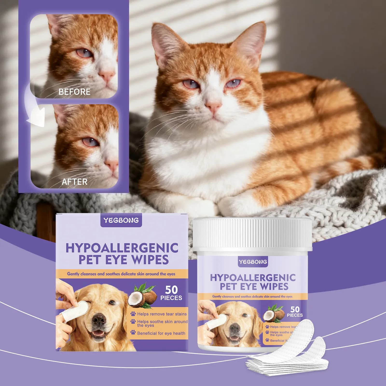Salviette per la Pulizia degli Occhi degli Animali Domestici, Rimuovi Macchie Lacrimali, Guanti Monouso per la Rimozione di Sporco e Odori, Sollievo da Prurito e Irritazione, Cura degli Occhi e della Pelle