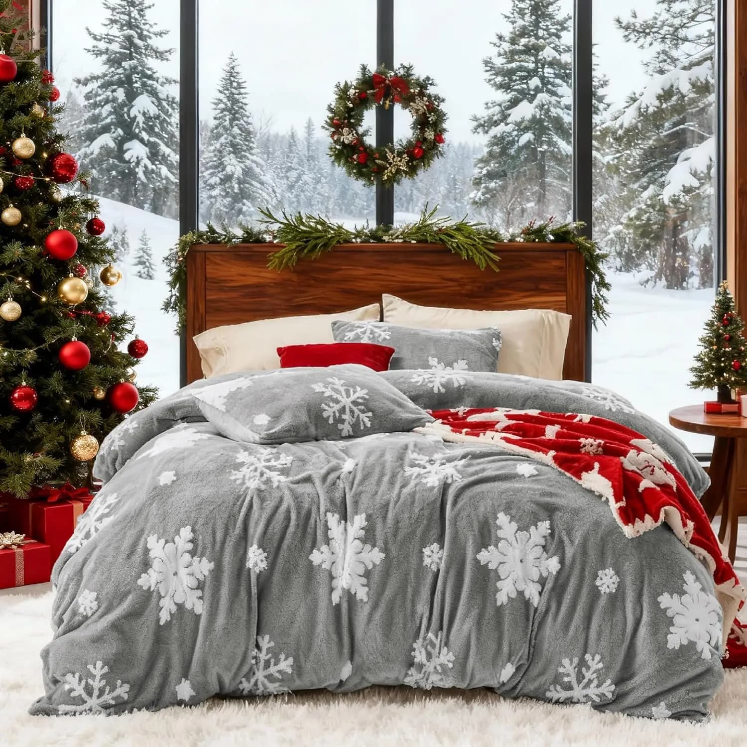 Set copripiumino ultra morbido e soffice queen size, biancheria da letto calda e pelosa in peluche per l'inverno con motivo a fiocchi di neve in grigio