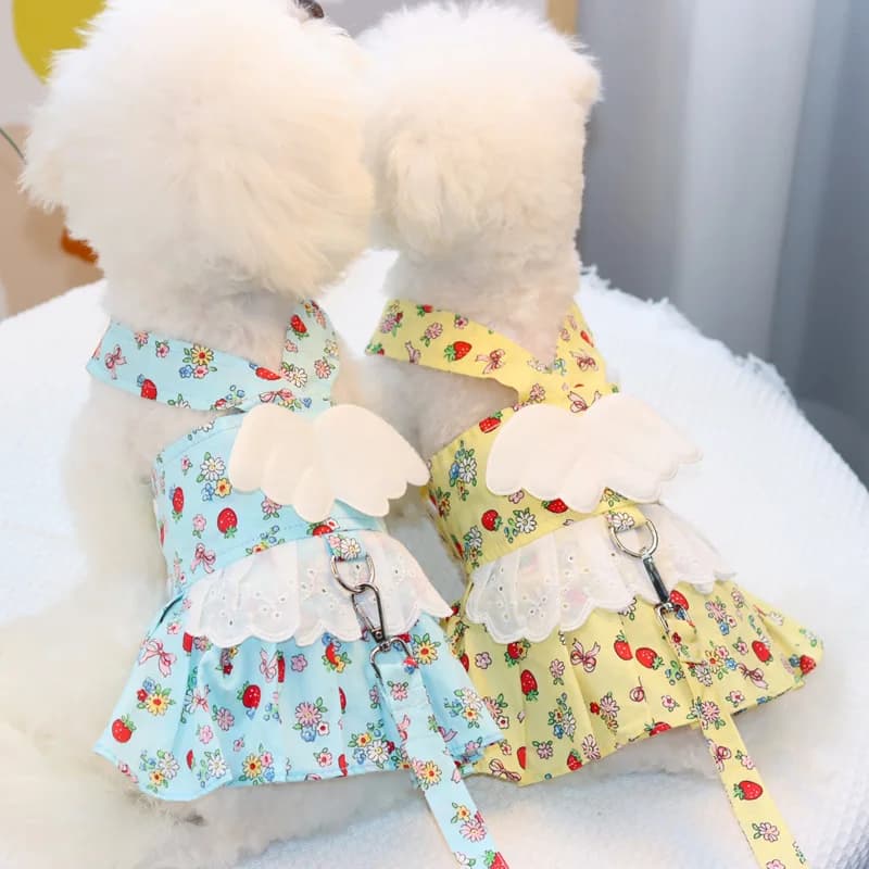 Cute Strawberry Floral Dog Harness Set with Leash Lace Wing Dog Harness Dress Pet Suspenders Puppy Skirt Chihuahua Bichon Dress