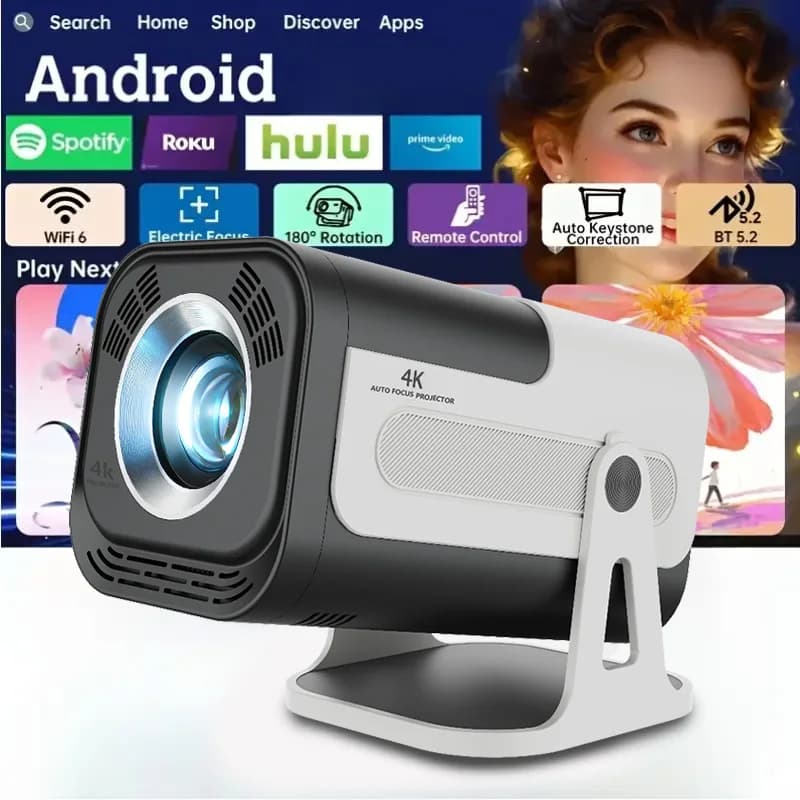 Mini Proiettore HY320 Nativo 720P Android 13 WiFi6 BT5.0 300ANSI 180 ° Cinema Portatile da Esterno e Domestico con Supporto 4K Rotante