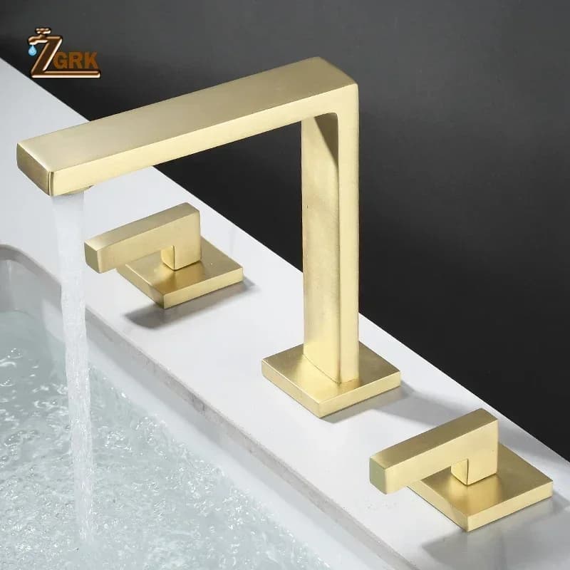 Rubinetto per lavabo in oro spazzolato Ottone massiccio Pistola a tre fori Rubinetto per bagno grigio Rubinetto miscelatore nero per acqua calda e fredda 3 pezzi
