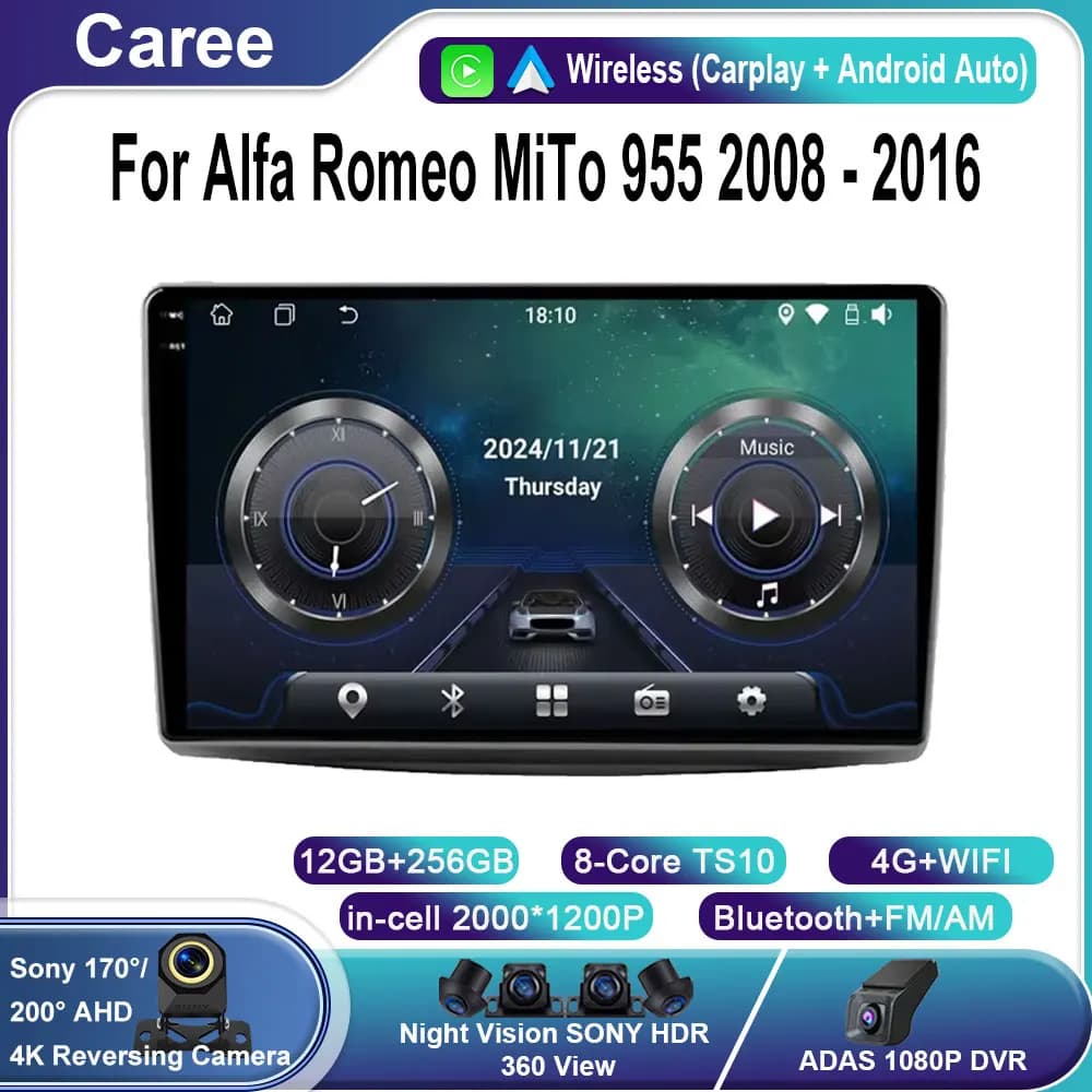 Car Radio Multimedia Video Player For Alfa Romeo MiTo 955 2008 - 2016 Android Auto GPS Navigation Bluetooth WiFi 4G QLED No 2din