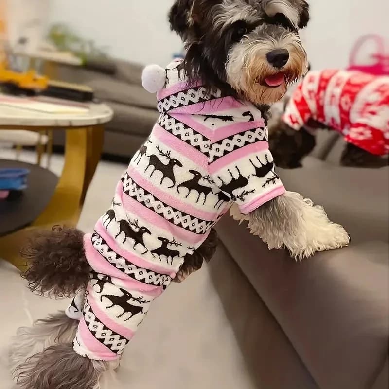 1 pezzo di pigiama grafico con renna natalizia per animali domestici, tuta con cappuccio per cuccioli, giocattoli e cani di piccola taglia