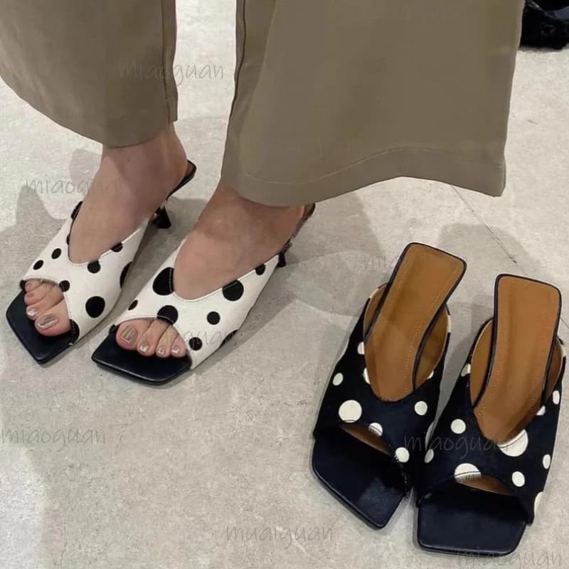 Summer Women Open Toe Polka Dot Slippers New Square Head Vacation Street Slip On Shoes Ladies Comfort Dress High Heels Sandals