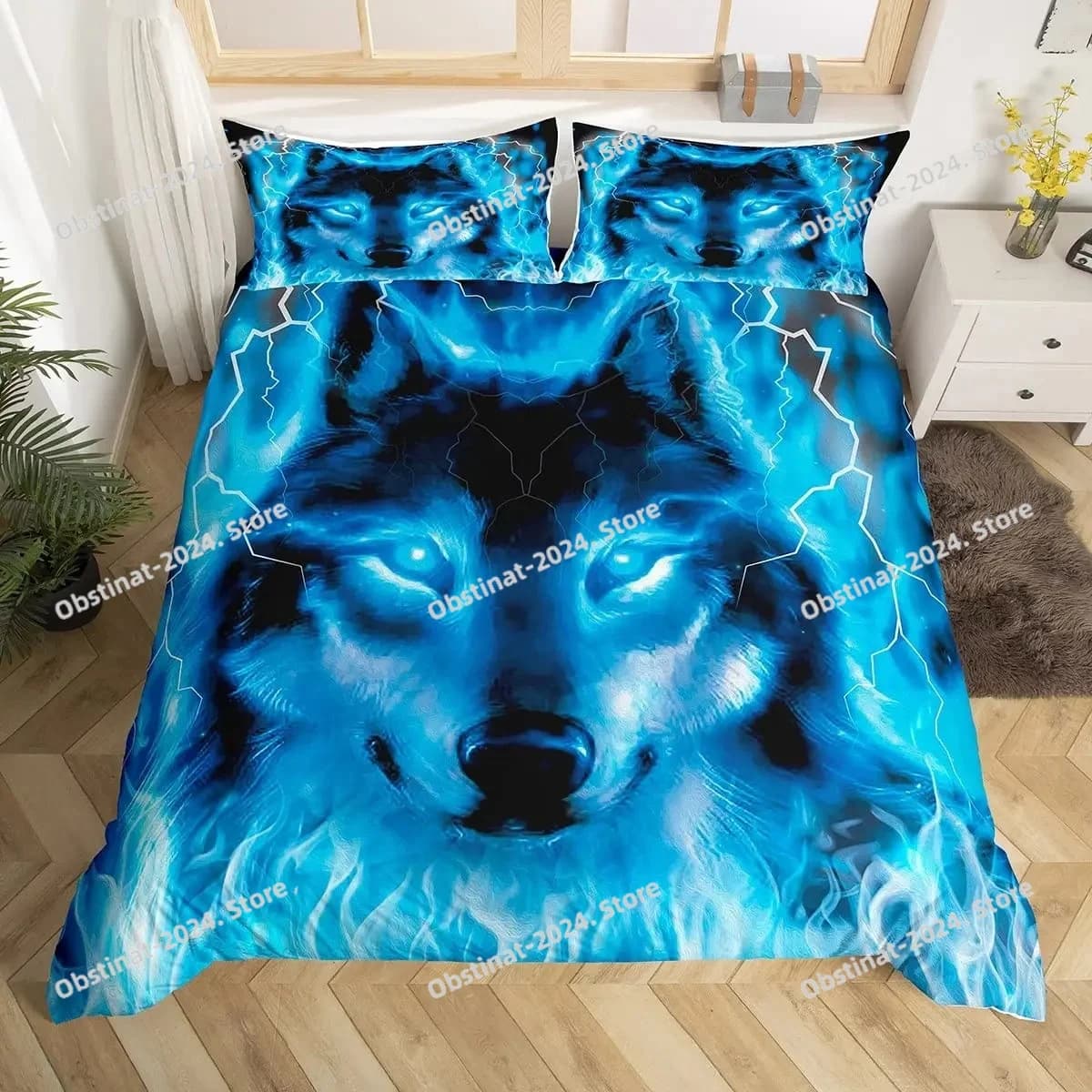 Boys Wolf Duvet Cover Set Queen Size, Boho Wolf Wildlife Animal Bedding Set Men Galaxy Dream Catcher Moon Quilt Cover
