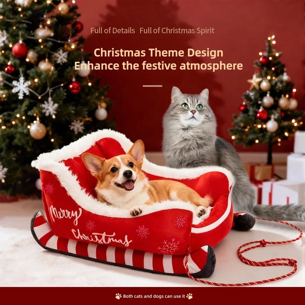 Christmas Limited Edition Sled Pet Bed, Winter Warm Dog Bed, Suitable for Both Dogs and Cats, Christmas Plush Cat Bed, Festive