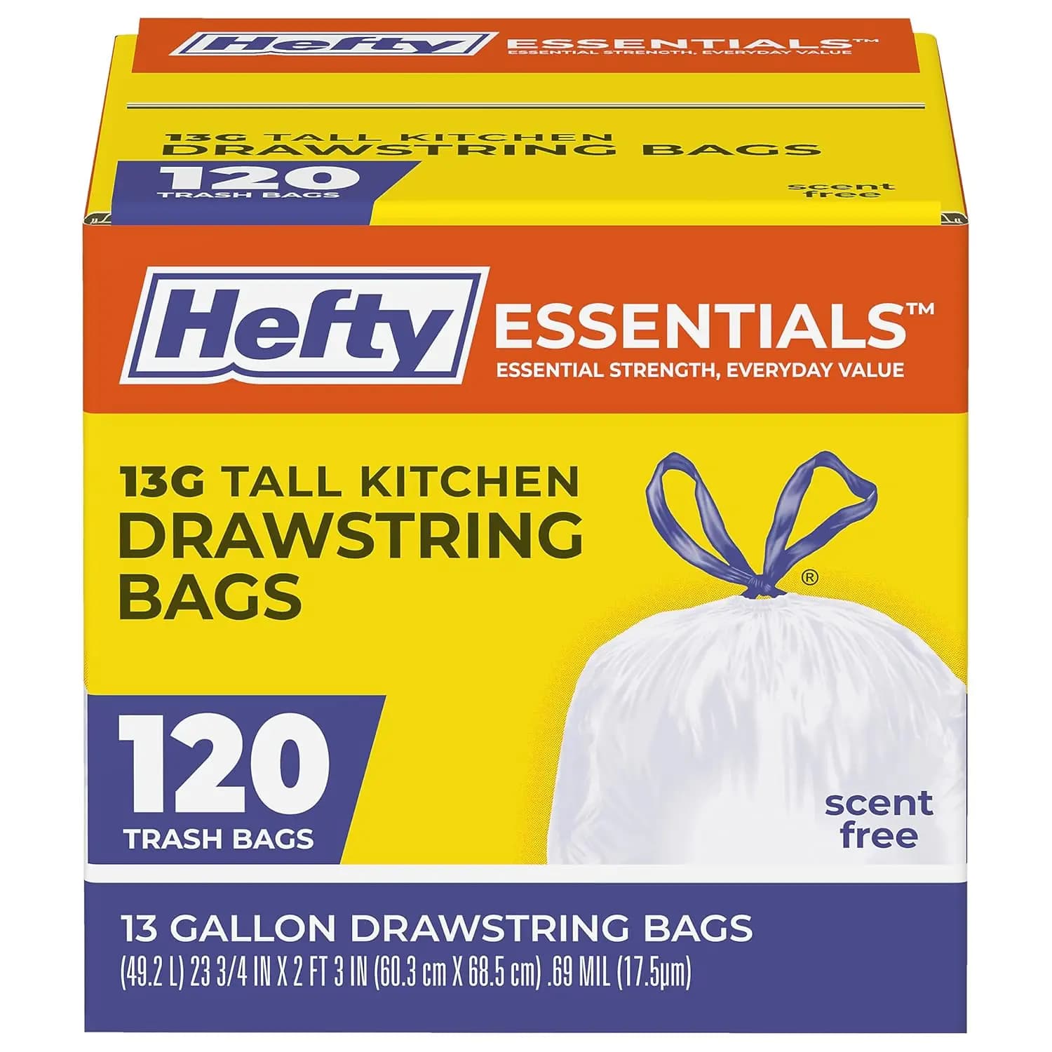 Sacchi per la Spazzatura Hefty Essentials con Cordoncino, 13 Galloni, 120 Pezzi, Sacchi Alti Senza Profumo per Cucina, Ufficio, Lavanderia, Facili da Legare, Sollevare e Trasportare, Bianchi
