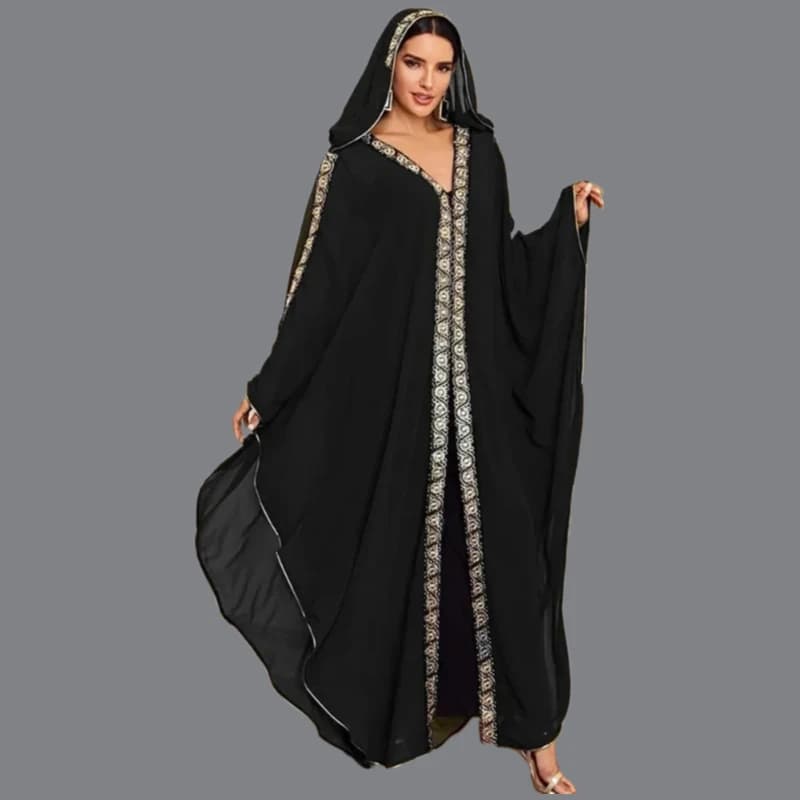 Abaya Marocco Caftano Dubai Abito lungo con cappuccio Manica a pipistrello Farasha Caftano Donne musulmane Kimono aperto africano Abiti da sera Boubou