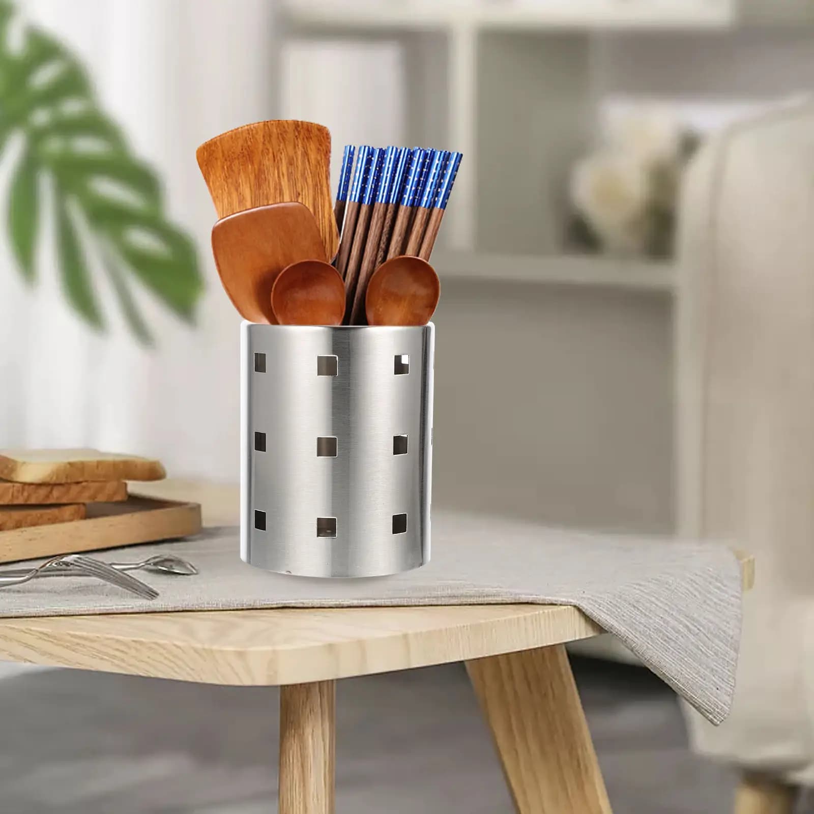 Porta Bacchette in Acciaio Inox, Porta Utensili da Cucina da Tavolo per Cucchiai, Forchette, Coltelli, con Fori di Drenaggio, Compatto, Elegante e Moderno