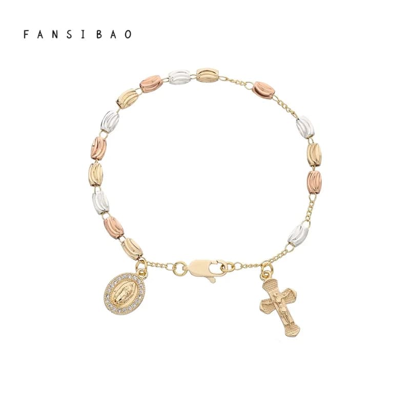 FanSibao Jewellery Women Virgin Mary Rosary Bead Cross Bracelet Charms Chain Accessories