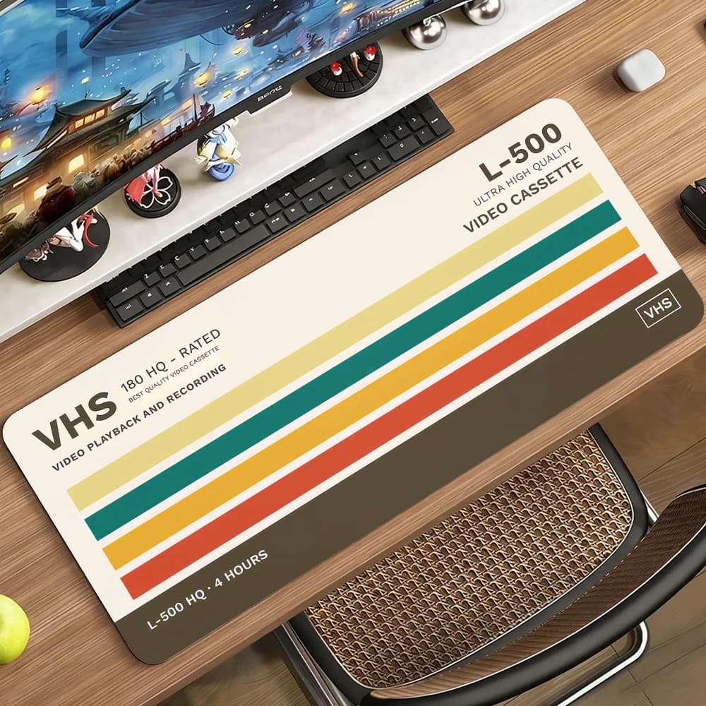 Large Waifu 90x40cm Retro VHS Style Art Extra Large Thick Mouse Pad Non Slip Rubber Base Stitched Edge Desk Mat For PC