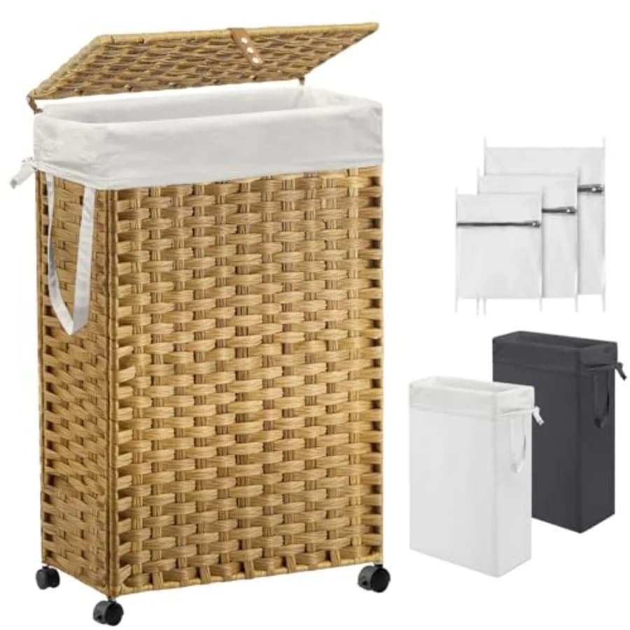 Cesto per Bucato Slim da 70L con Coperchio e Ruote, Cesto per Bucato con 2 Sacchi Rimovibili e 3 Sacchi in Rete per Efficienza Ottimale