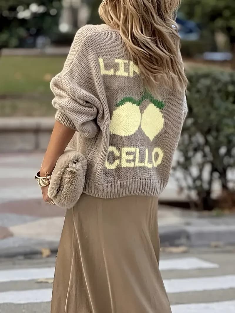 Cardigan maglione con bottoni a maniche lunghe casual alla moda da donna, morbido e confortevole maglione lavorato a maglia color limone con maniche a lanterna allentate