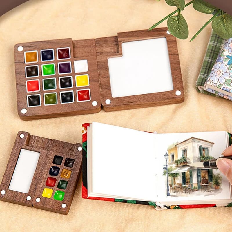 Mini Walnut Watercolor Portable Palette Painting Supplies Sketchbook High Quality Durable Material Easy To Install