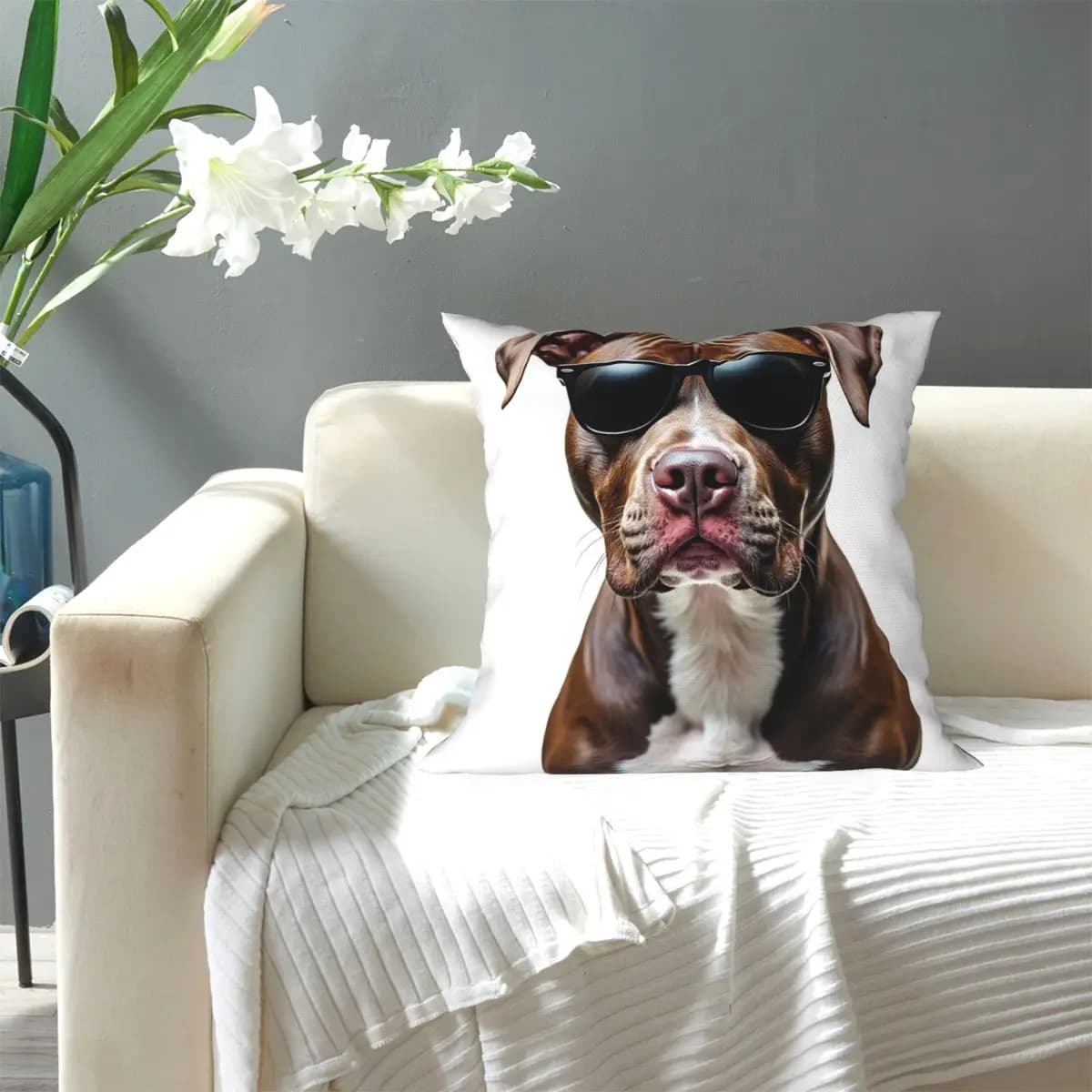 Funny Cool Pitbull Wearing Sunglasses Square Pillowcase Pillow Cover Cushion Zip Decorative Throw Pillow for Home Living Room