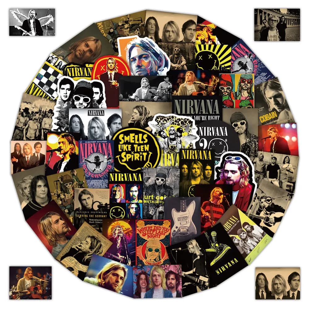 52Pieces Nirvana Band Stickers - Rock Music Fan Decorative Decals for Laptops Phone Cases & Guitars Golden Memory Stickers Store