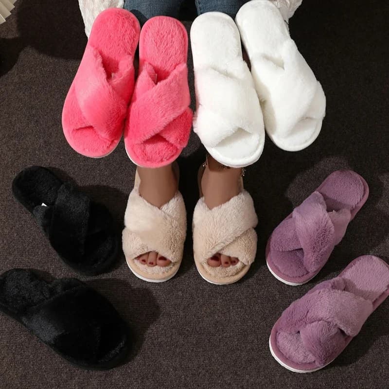 Women's soft and warm crosshairs Women's flat heels Fur slides Women's Autumn Winter Toe Open Floor shoes for home non-slip