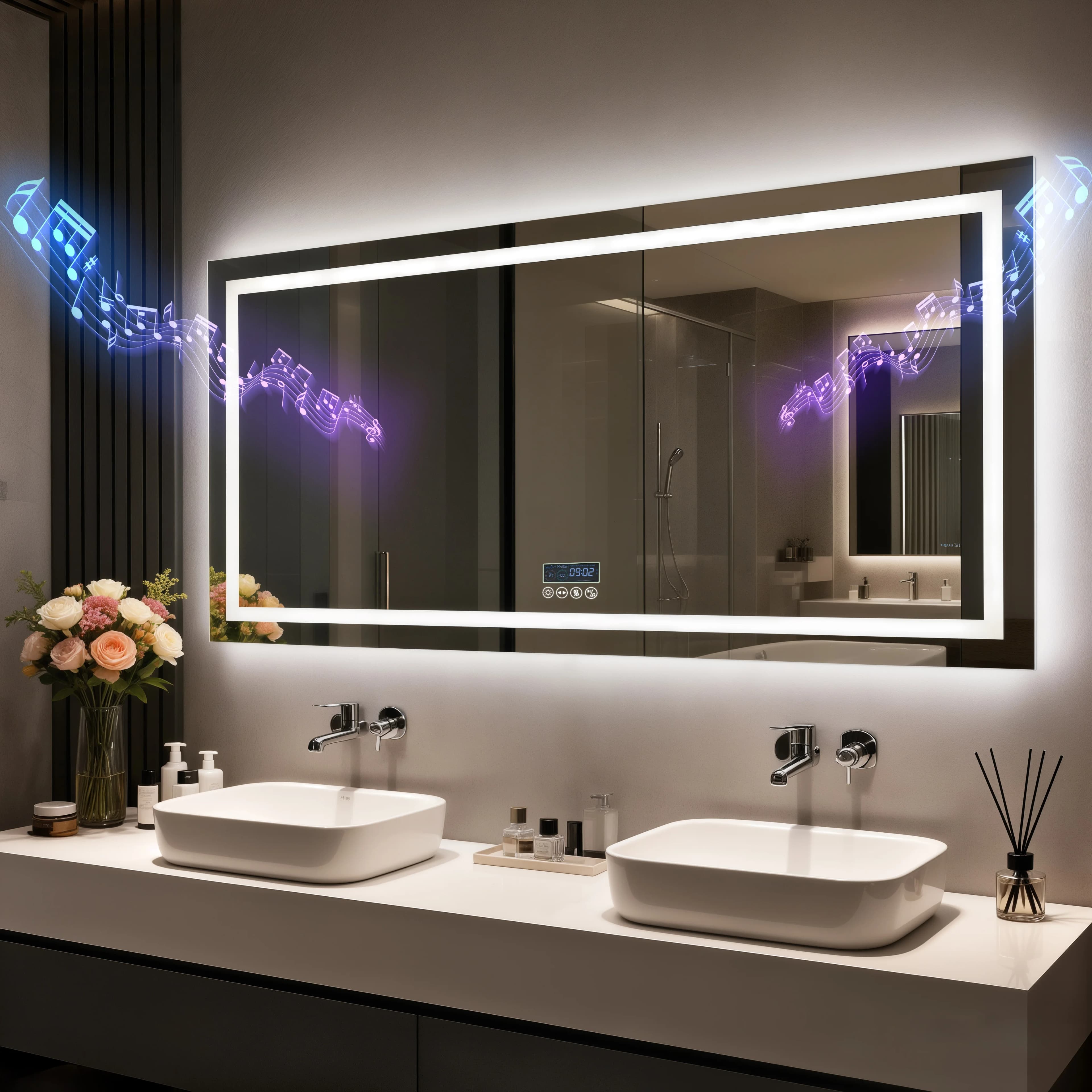 Specchio da Bagno LED 80/100cm con Altoparlante Bluetooth, Antiappannamento, Dimmerabile, 3 Luci, Impostazione Oraria, Retroilluminazione, Specchio da Parete per Vanità