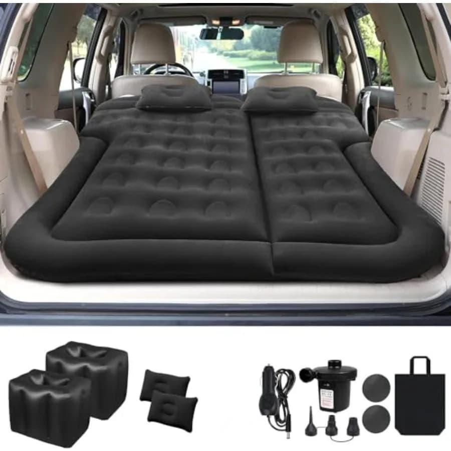 Materasso gonfiabile per SUV, letto da campeggio per auto, materasso gonfiabile ispessito con due cuscini ad aria, materasso gonfiabile a grandezza naturale, colore nero