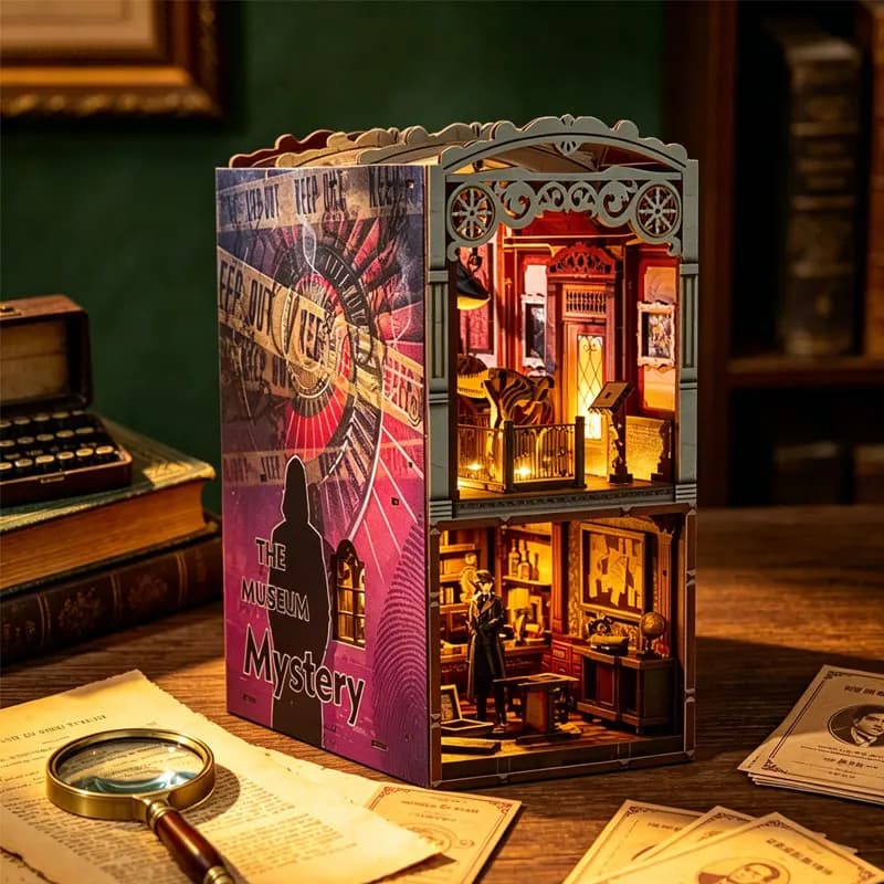 Zuuton DIY Book Nook Kit The Museum Mystery 3D Wooden Puzzle Bookend LED Miniature Dollhouse Detective Decor for Adults Gift