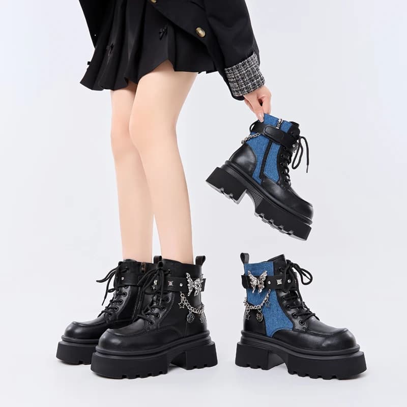 Stivali da motociclista leggeri casual alla moda di ispirazione britannica alla moda con fiocco sul fondo e plateau Stivaletti cosplay con tacco spesso