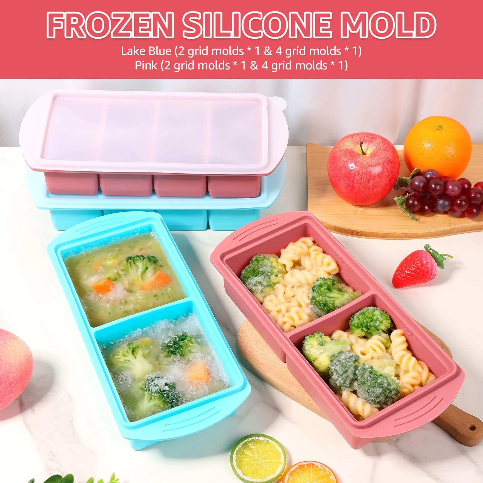 Set di 2 Vaschette in Silicone per Congelatore con Coperchio, Contenitore per Zuppa, Stampo per Cubetti di Ghiaccio, per Preparazione Pasti e Congelamento di Zuppe, Stufati, Salse, Uso in Forno