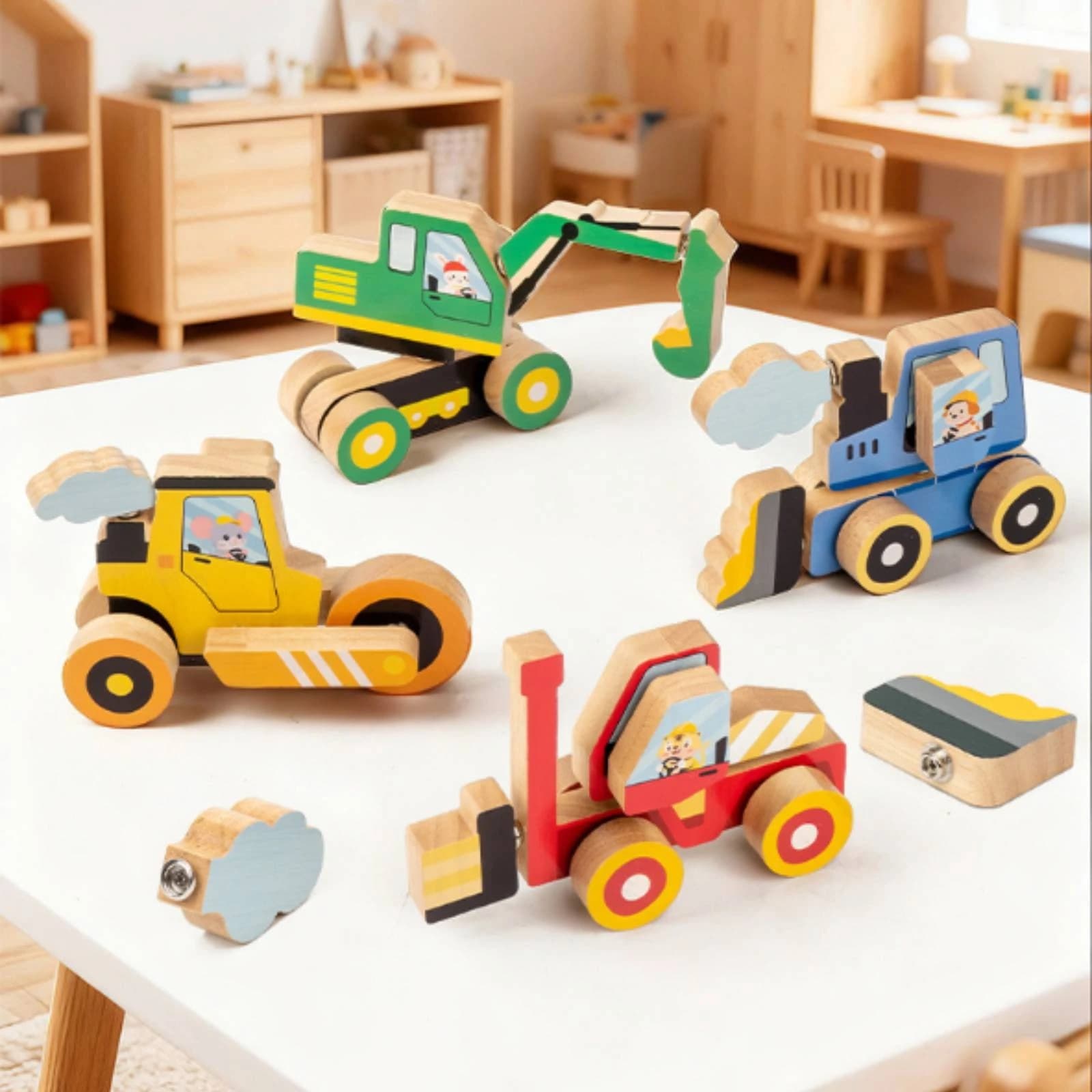 4 Pieces Wooden Vehicle Toy Creative Wooden Vehicle Set Snap Block Vehicles Screenunplugged Imaginative for Preschoolers