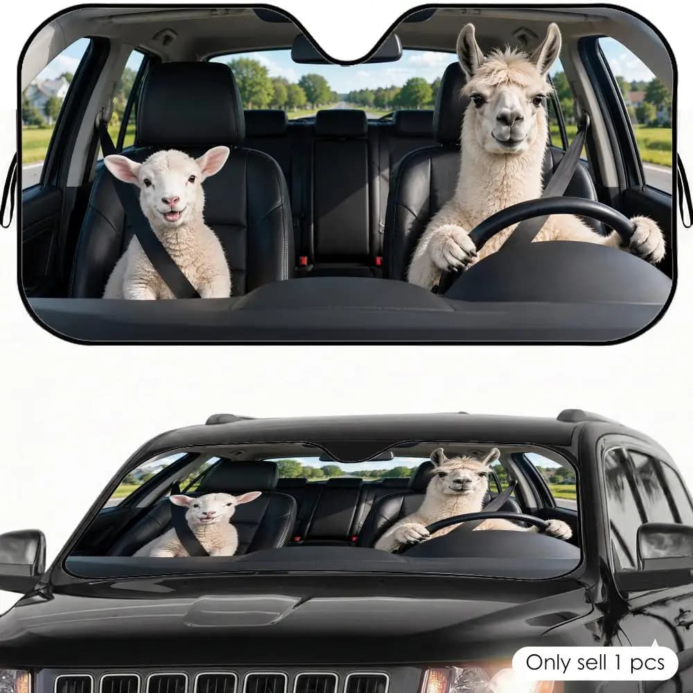 Parasole per Auto con Motivo Lama e Agnello, Protezione UV, Riflettente, Pieghevole, Copertura Isolante dal Calore