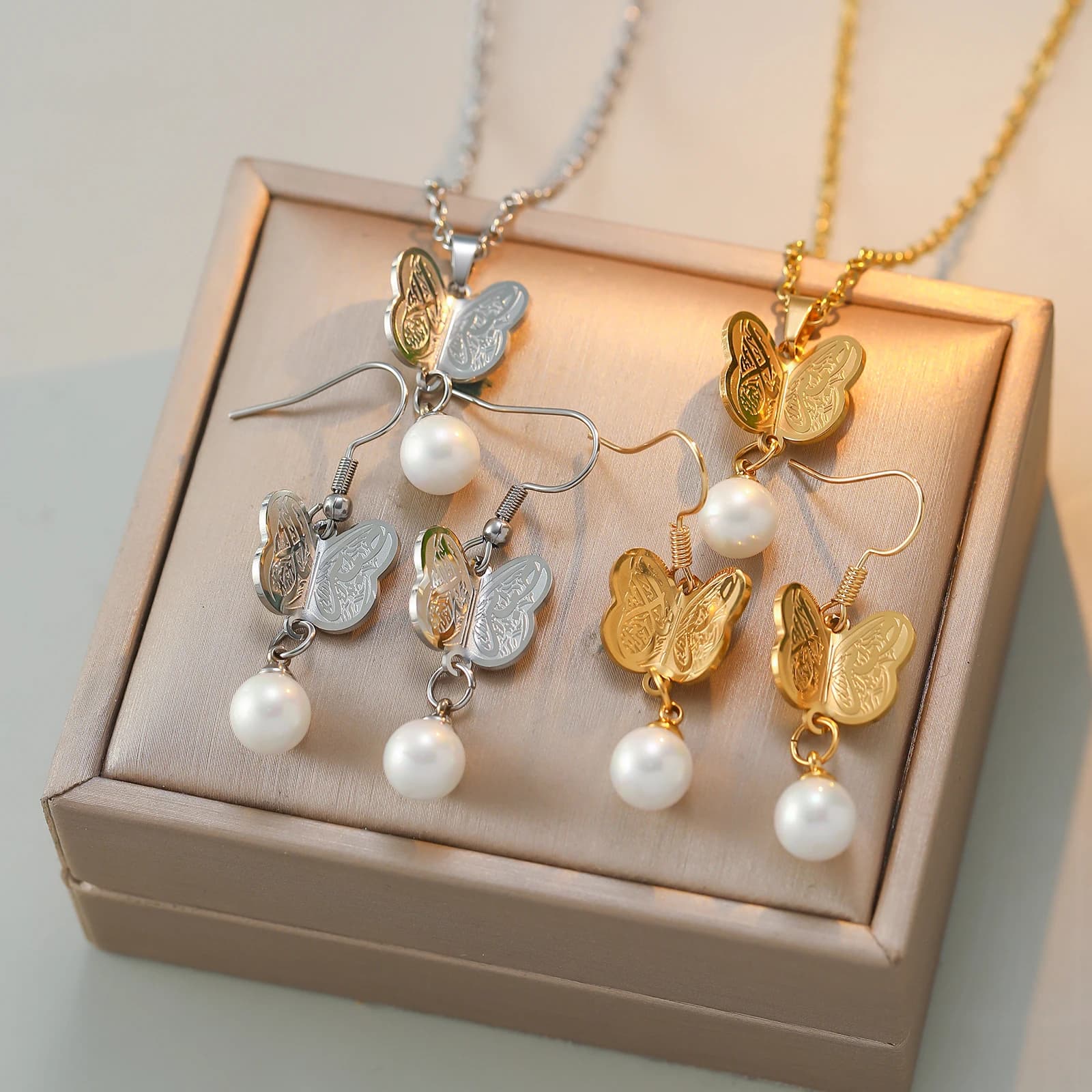Muslim Butterfly Pearl Jewelry Set 304 Stainless Steel Arabic Calligraphy Engraved Necklace Pendant Earrings Islamic Religious Eid Accessories Gift