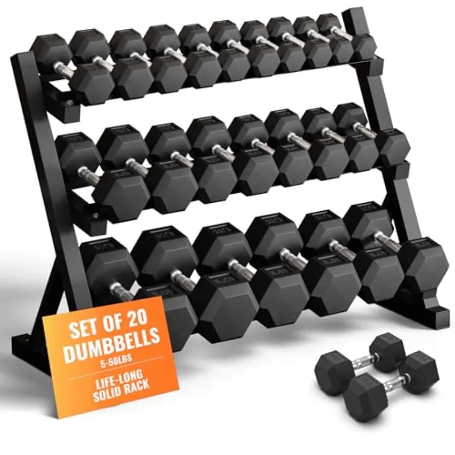 Rubber hexagon handlebar set with support, 8/10/12/15/20 pieces, total weight 450/550/780/1200/1550/2100 pounds, support with handlebars for home and gym