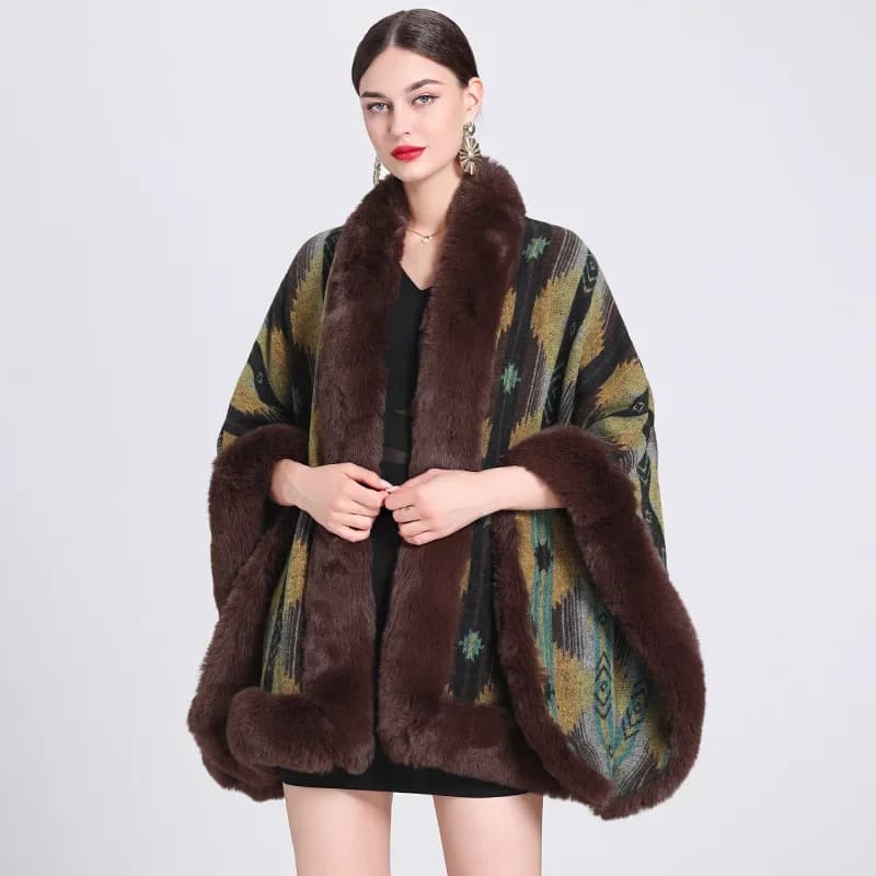 Mantello di velluto spesso invernale da donna oversize Collo in pelliccia sintetica Cappotto allentato Grande pendolo Cappa Maniche a pipistrello Mantello con scialle stampato