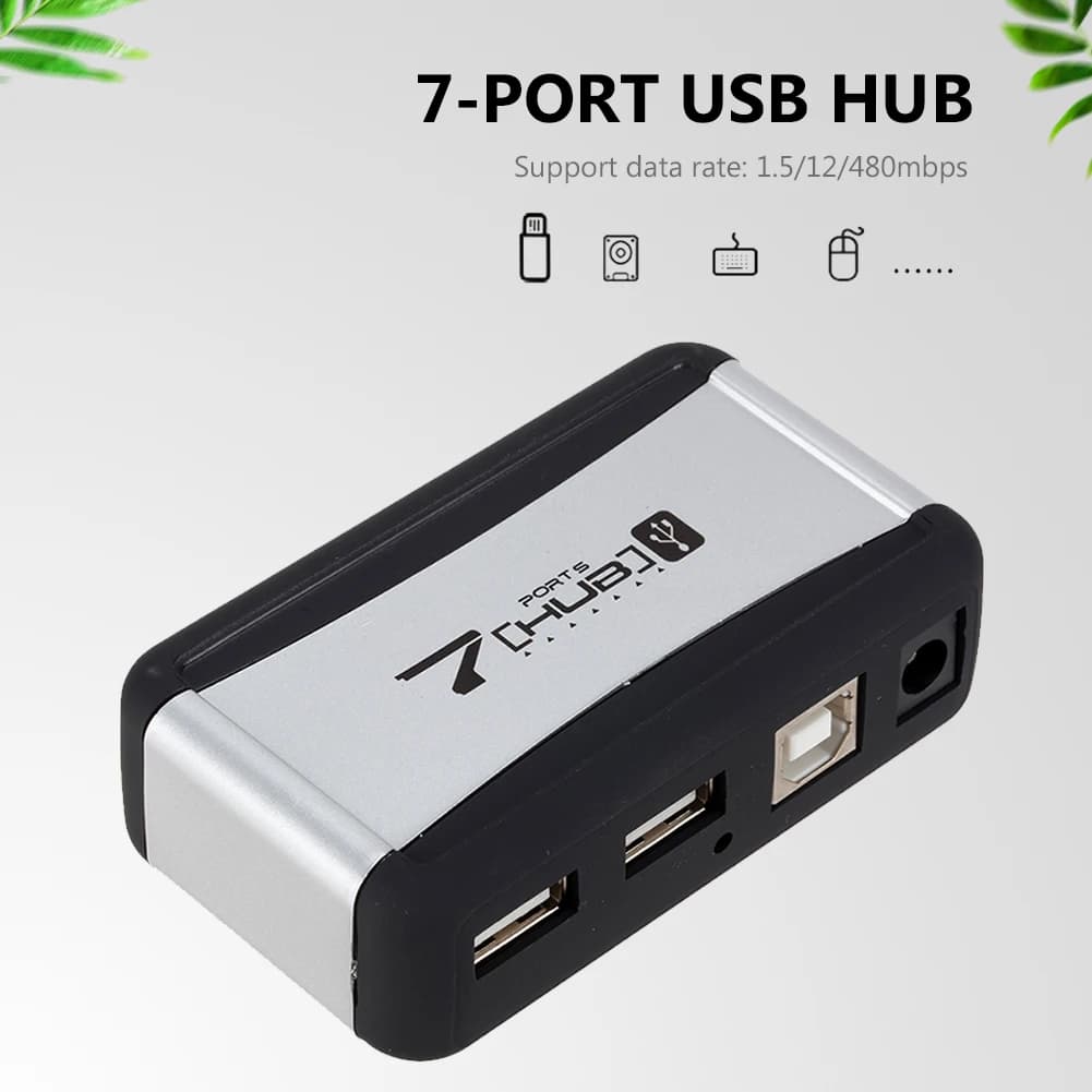 Hub USB 2.0 verticale a 7 porte, splitter multi USB con adattatore di alimentazione, accessori per PC