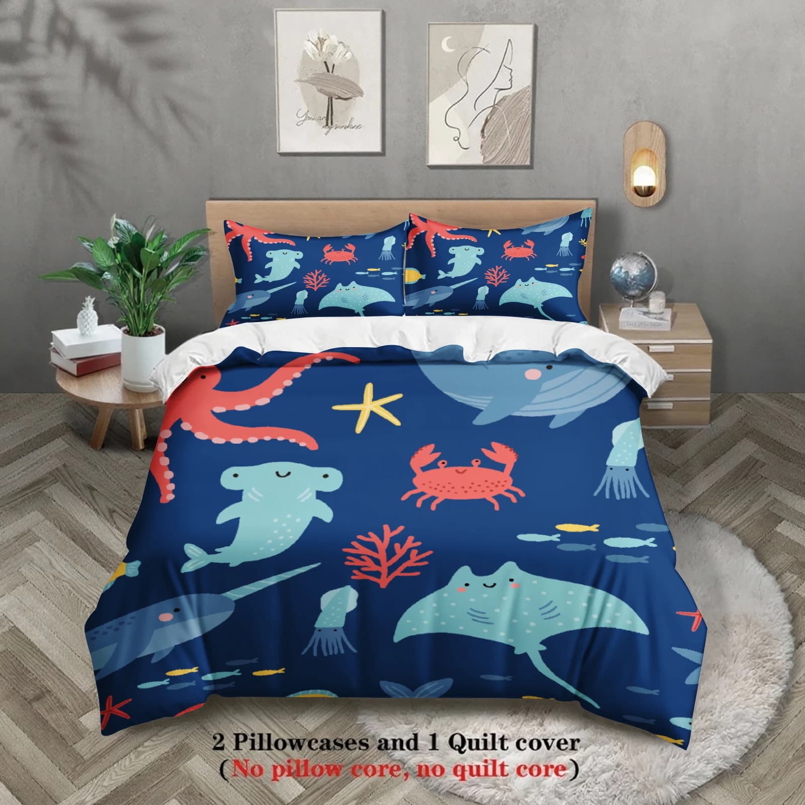Bed Linen Set with 3 Pieces Theme Marine Animals, Available in Twin, Queen, King and Full Size, 3D Printed Marine Cover and 2 True