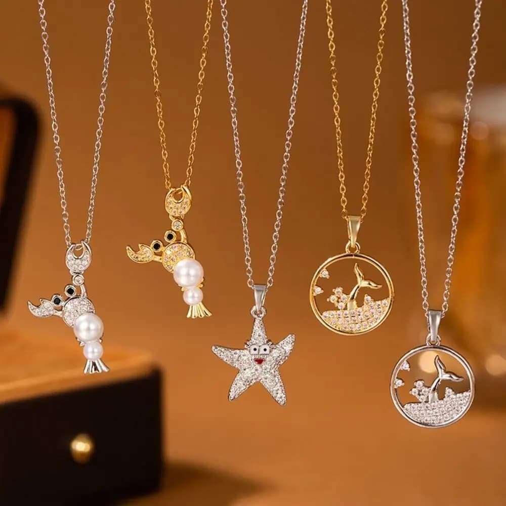 Stainless Steel Starfish Necklace Double Starfish Pendant Inlaid Zircon Clavicle Chain Necklace Lobster Clavicle Chain